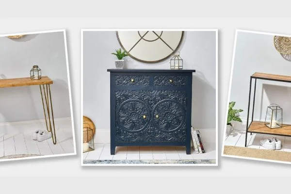 A collage of three images showing furniture: a blue intricately carved cabinet in the center, and two wooden console tables with metal legs on either side; each table has a decorative lantern on top and a circular mirror in the background. Spencer Cobby