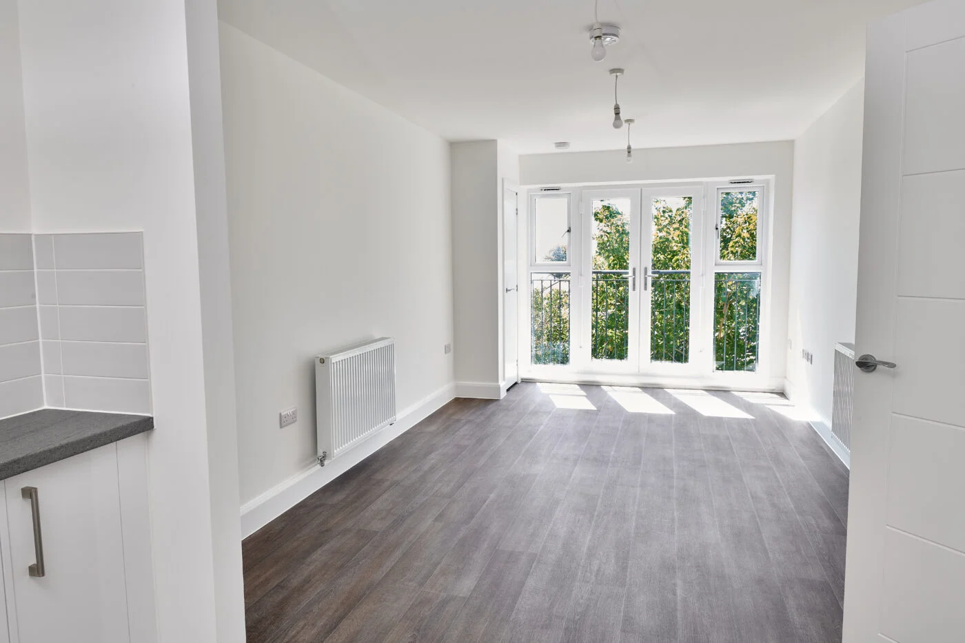 A bright, empty room with light wood flooring, white walls, and a radiator. Large glass doors lead to an outdoor area, allowing natural light to flood in. The adjacent kitchen features white cabinets and gray countertops. Spencer Cobby