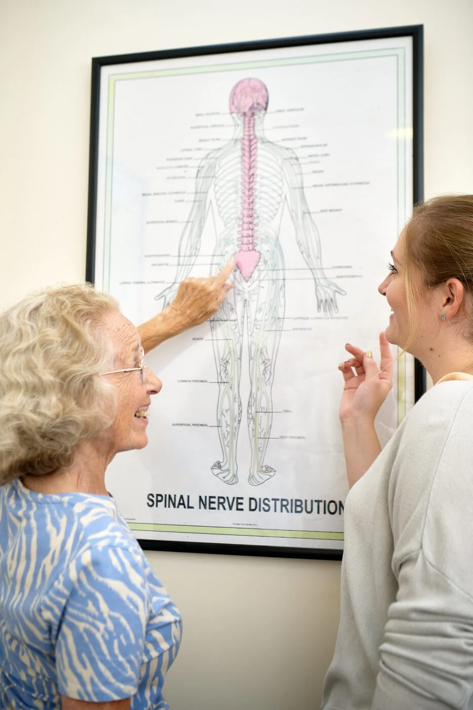 Two women stand in front of a framed anatomical poster depicting spinal nerve distribution. The older woman points to the diagram while the younger woman smiles, engaging in a discussion about the illustration. Spencer Cobby