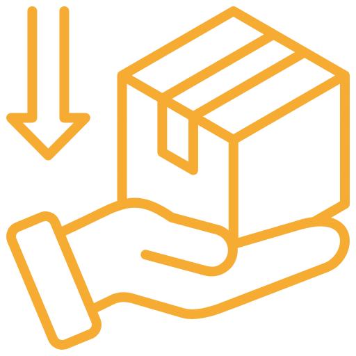 Icon of a hand holding a box with a downward arrow above, symbolizing delivery or receiving a package. This design, reminiscent of commercial photography aesthetics, is outlined in orange on a sleek black background. Spencer Cobby